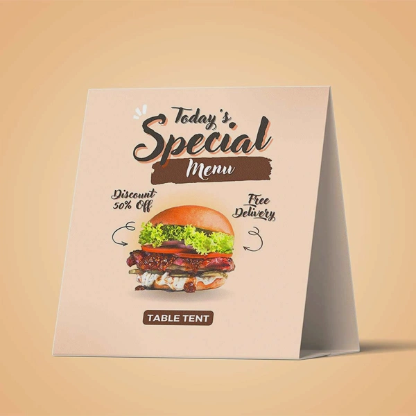 2 8 x 11 Table Tents opened to show the inside print and construction