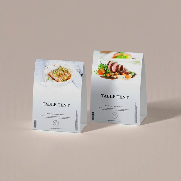 2 8 x 11 Table Tents photographed at an angle to show the board thickness