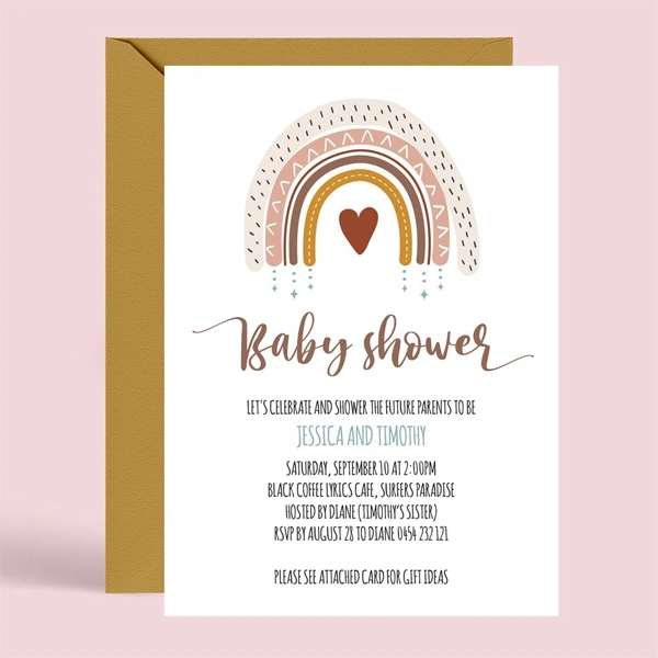Baby Shower Invitation Cards — custom greeting cards by Packmio Baby Shower Invitation Cards photographed at an angle to show the board thickness