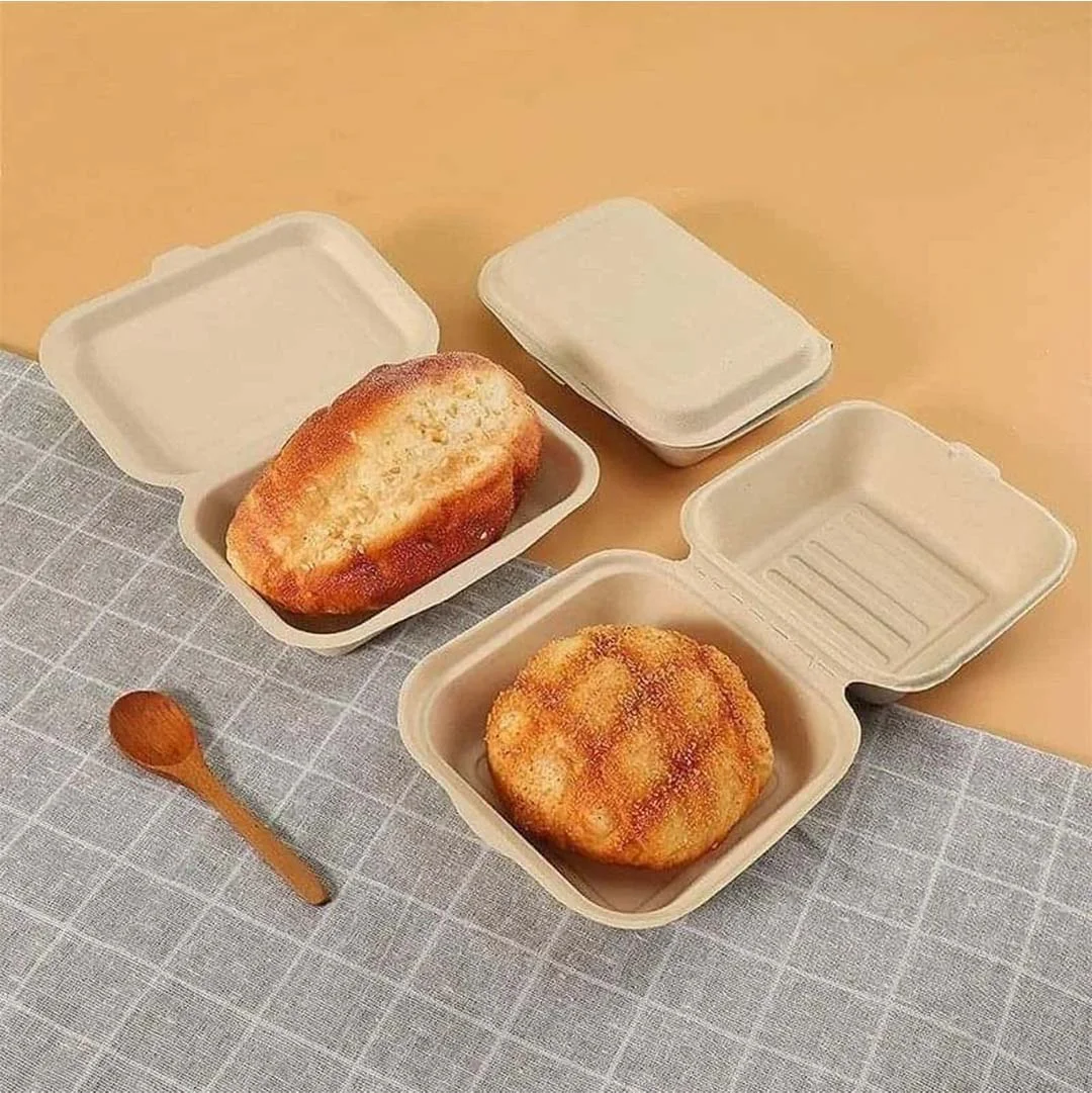 Bagasse Burger Boxes beside the product it was made to hold