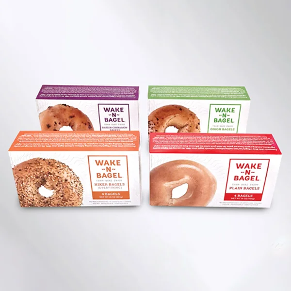 Bagel Boxes photographed at an angle to show the board thickness