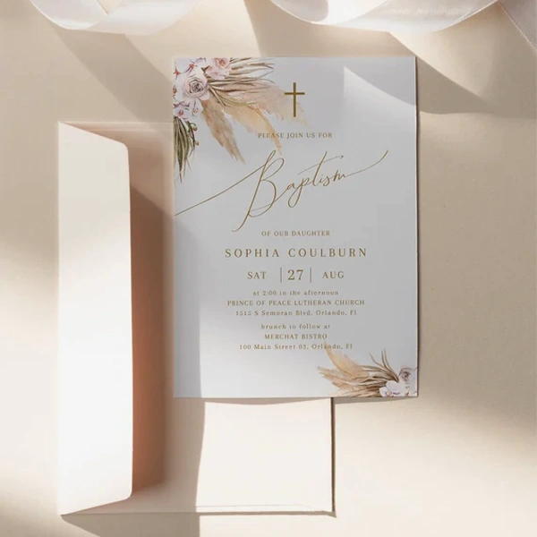 A stack of baptism invitation cards in a custom size
