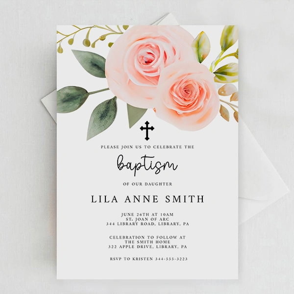 Baptism Invitation Cards photographed at an angle to show the board thickness