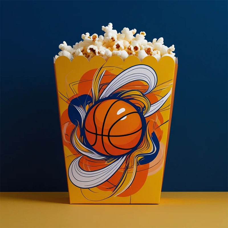 Basketball Popcorn Boxes opened to show the inside print and construction