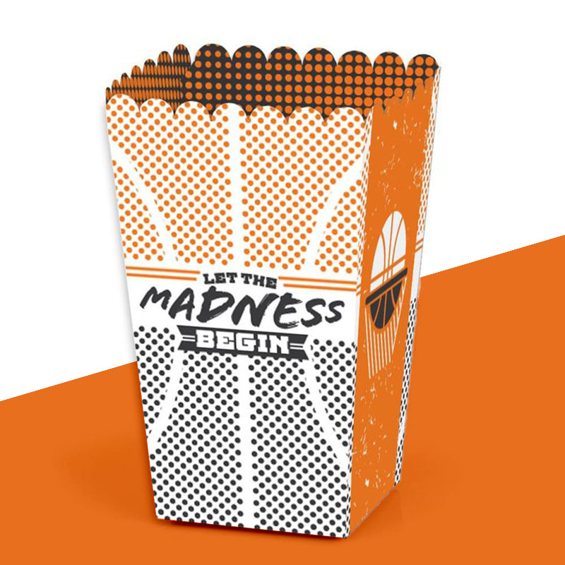 Basketball Popcorn Boxes photographed at an angle to show the board thickness