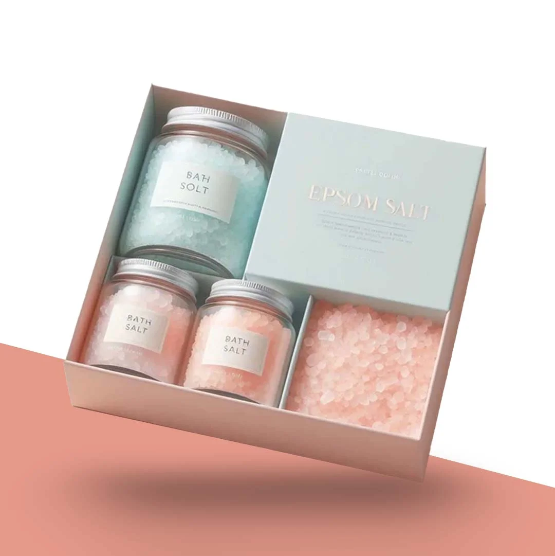 Bath Salt Boxes — custom cosmetic boxes by Packmio Bath Salt Boxes photographed at an angle to show the board thickness
