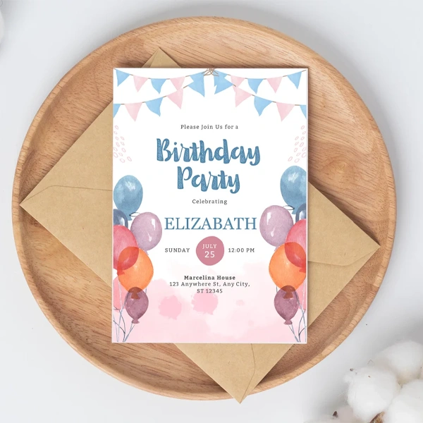 Birthday Invitation Cards photographed at an angle to show the board thickness