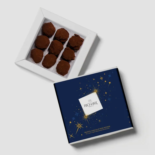 Blue Truffle Boxes opened to show the inside print and construction