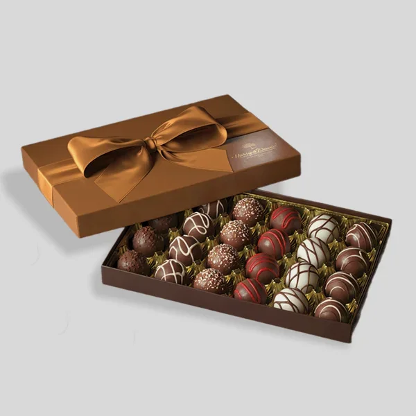 Brown Truffle Boxes photographed at an angle to show the board thickness