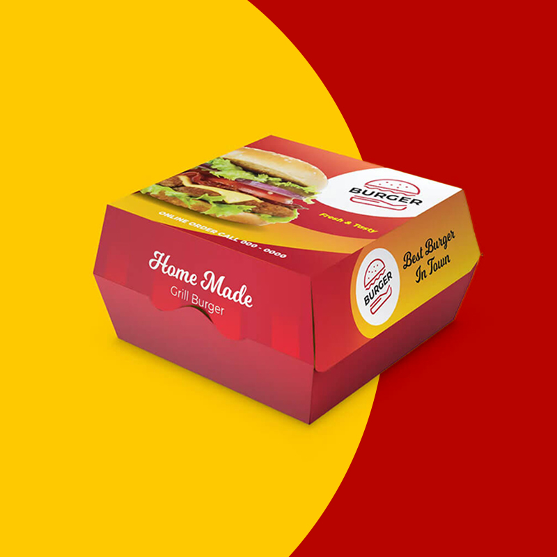Burger Boxes — custom burger boxes by Packmio Burger Boxes shown closed, printed to a customer's own artwork