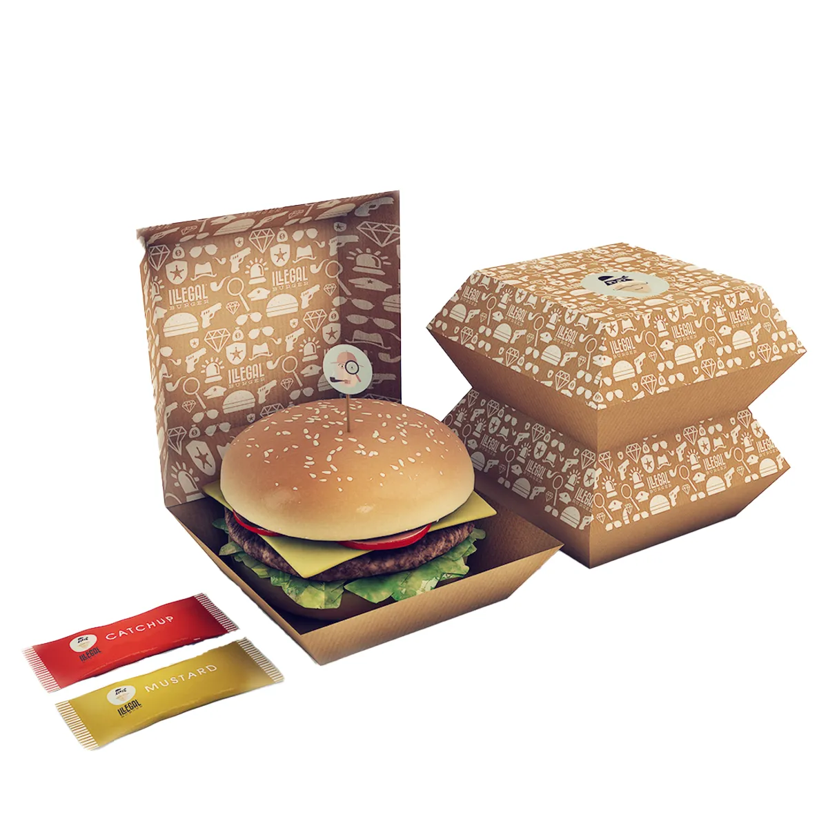 Burger Boxes — custom burger boxes by Packmio Burger Boxes opened to show the inside print and construction