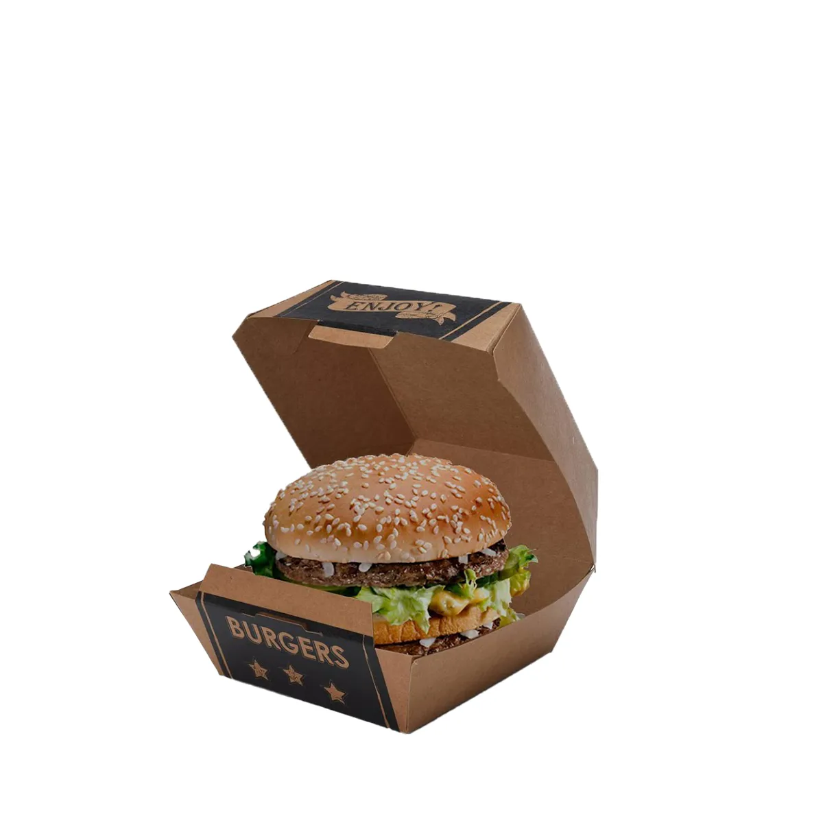 Burger Boxes — custom burger boxes by Packmio Burger Boxes photographed at an angle to show the board thickness