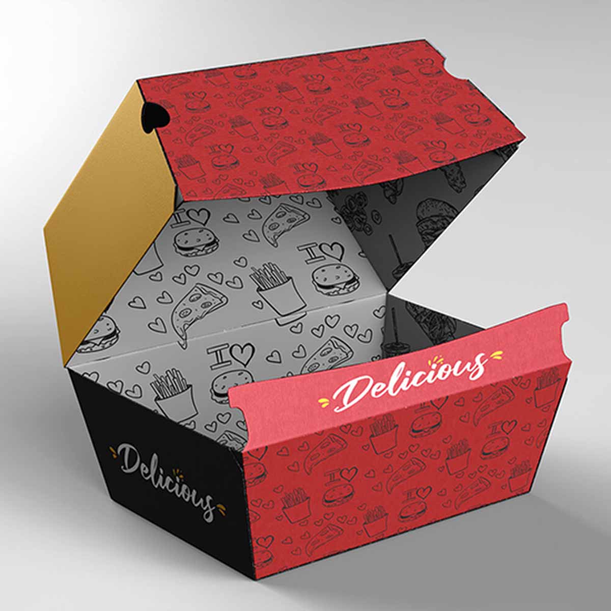 Burger Parcel Boxes opened to show the inside print and construction