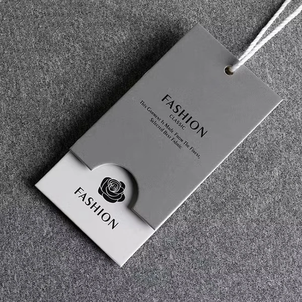 Clothing Hang Tags opened to show the inside print and construction