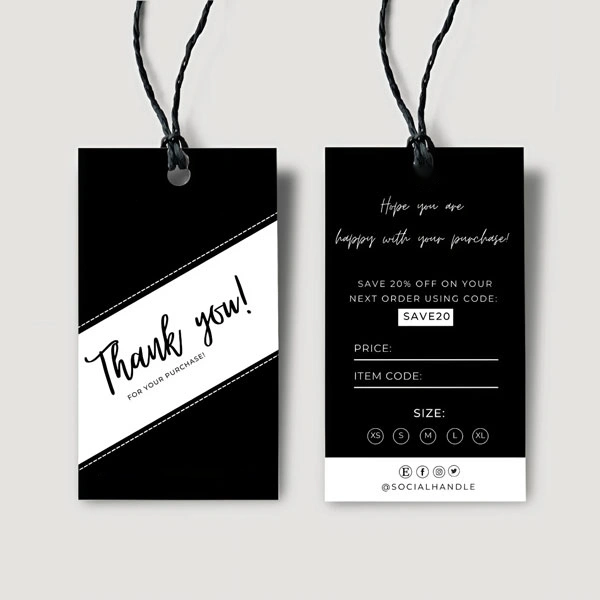 A stack of clothing hang tags in a custom size