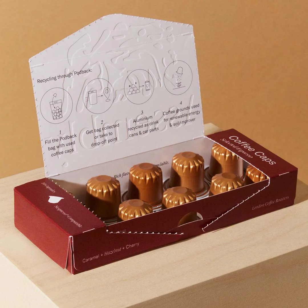 Coffee Pod Boxes — custom coffee packaging by Packmio Close detail of the print finish on coffee pod boxes