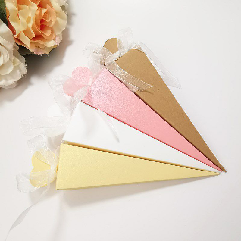A stack of cone shaped favor boxes in a custom size