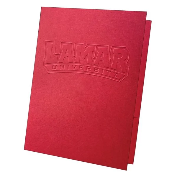 A stack of embossed folders in a custom size