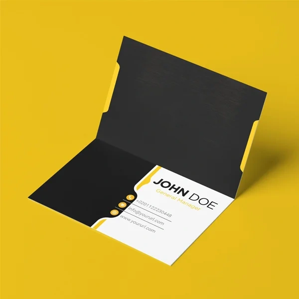 A stack of folded business cards in a custom size