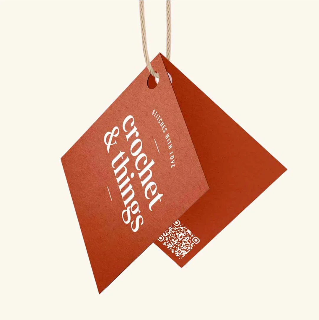 Folded Hang Tags opened to show the inside print and construction