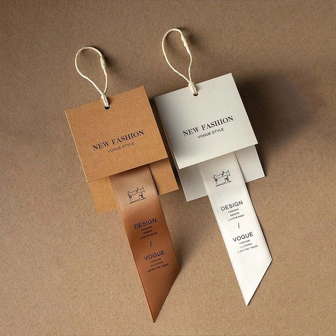 A stack of folded hang tags in a custom size
