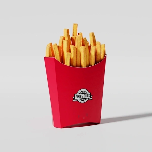 A stack of french fries cups in a custom size