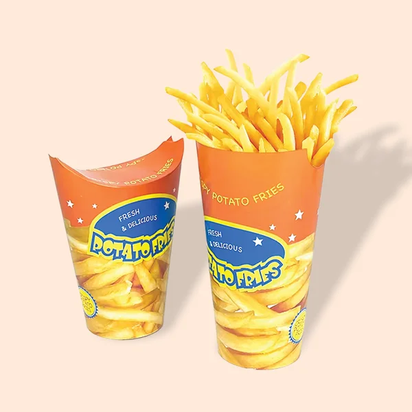 French Fries Cups beside the product it was made to hold
