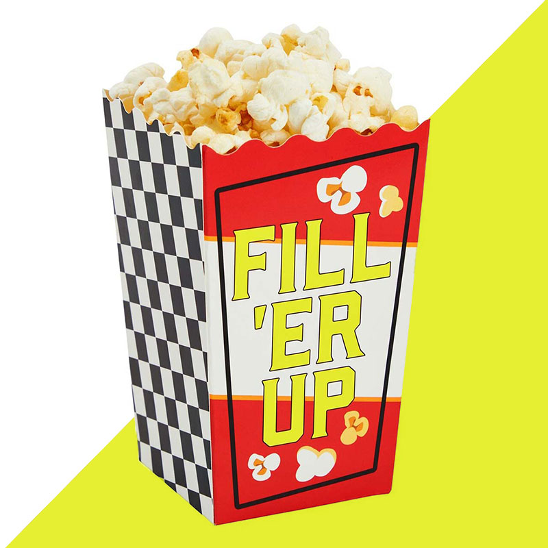 Fresh Pop Corn Boxes opened to show the inside print and construction