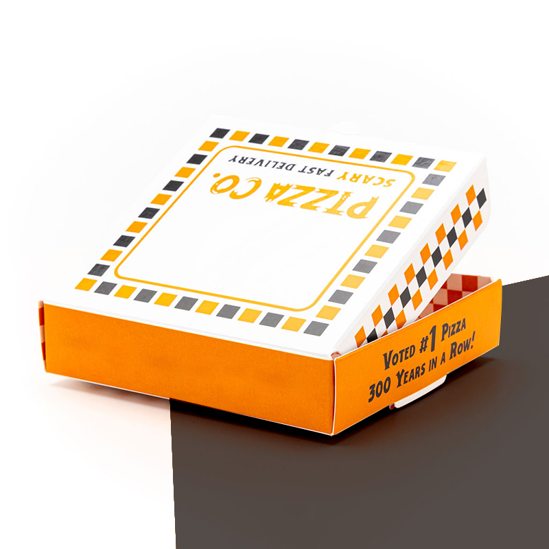 Halloween Pizza Boxes opened to show the inside print and construction