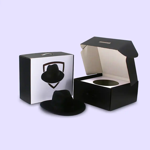Hat Boxes — custom apparel boxes by Packmio Hat Boxes shown closed, printed to a customer's own artwork