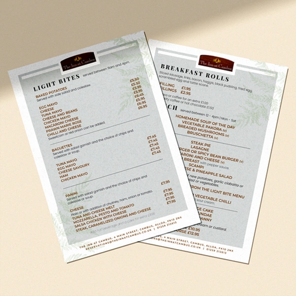 Laminated Menu — custom printing by Packmio Laminated Menu photographed at an angle to show the board thickness