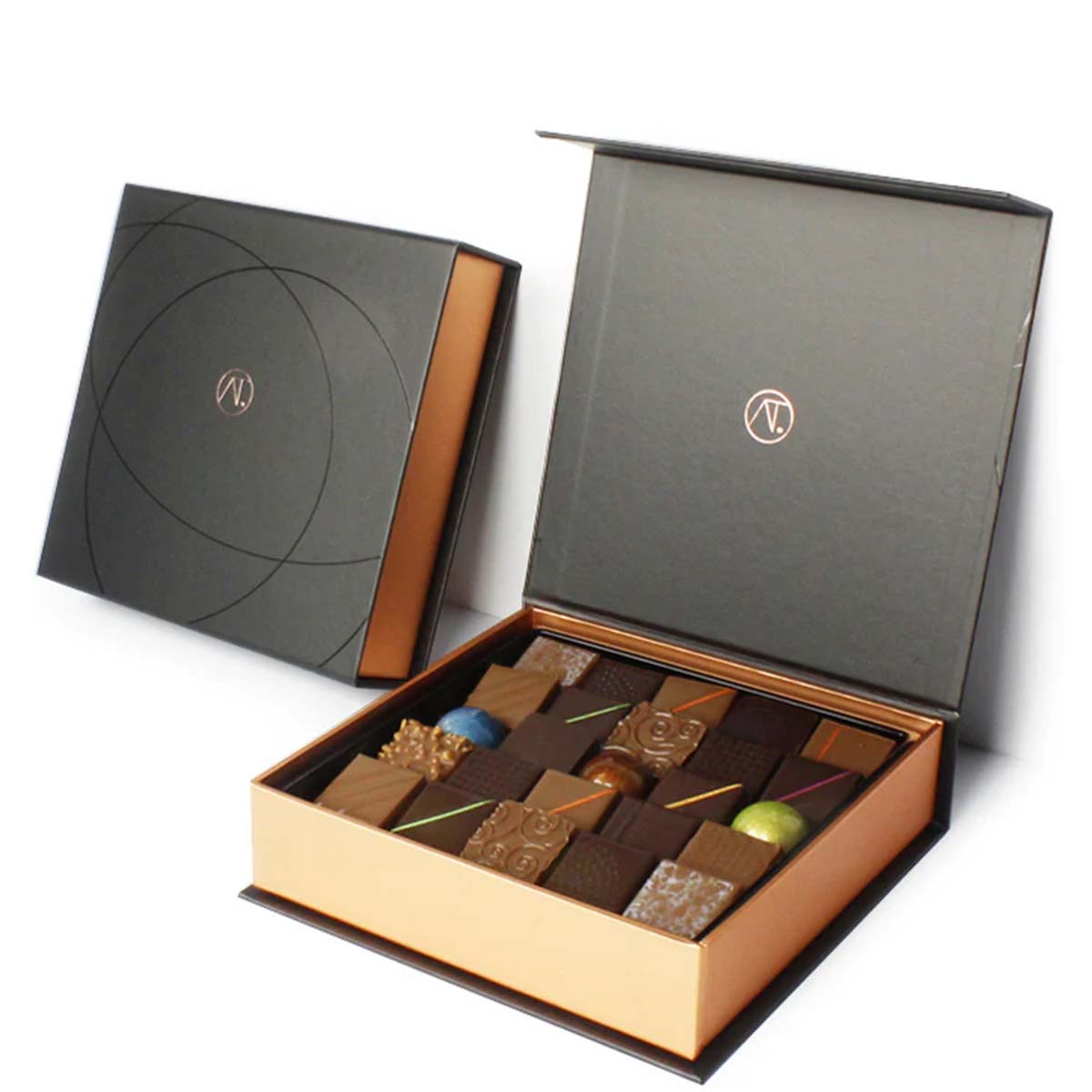 Luxury Chocolate Gift Boxes opened to show the inside print and construction