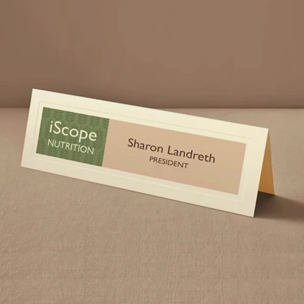 Meeting Table Tents — custom table tents by Packmio Meeting Table Tents photographed at an angle to show the board thickness