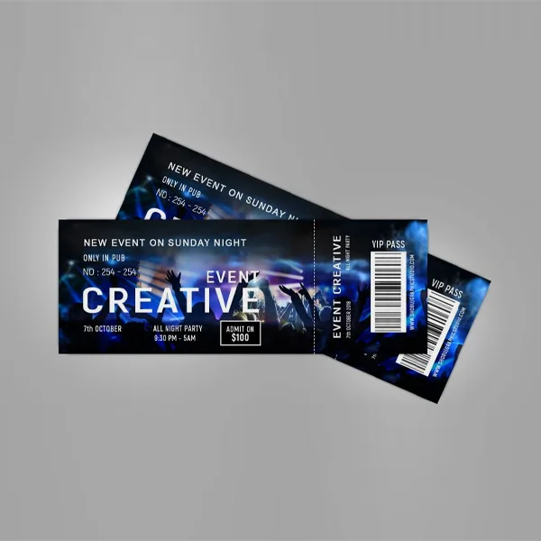 Nightclub Ticket photographed at an angle to show the board thickness