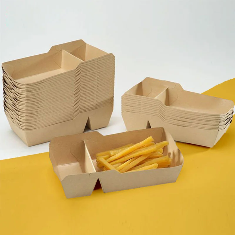 Paper Food Trays beside the product it was made to hold