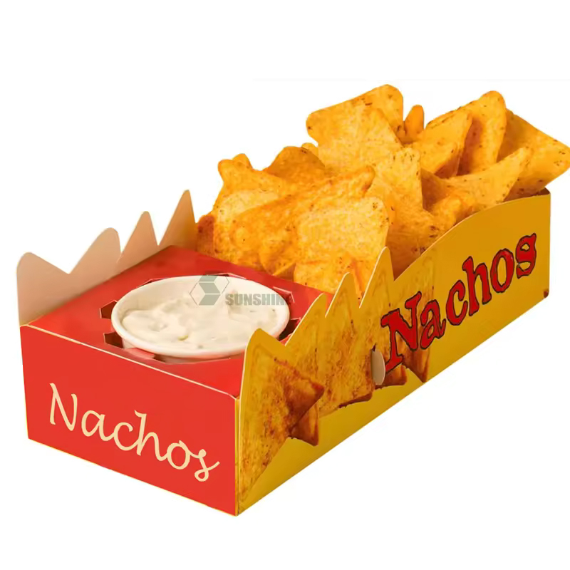 Paper Nacho Trays opened to show the inside print and construction