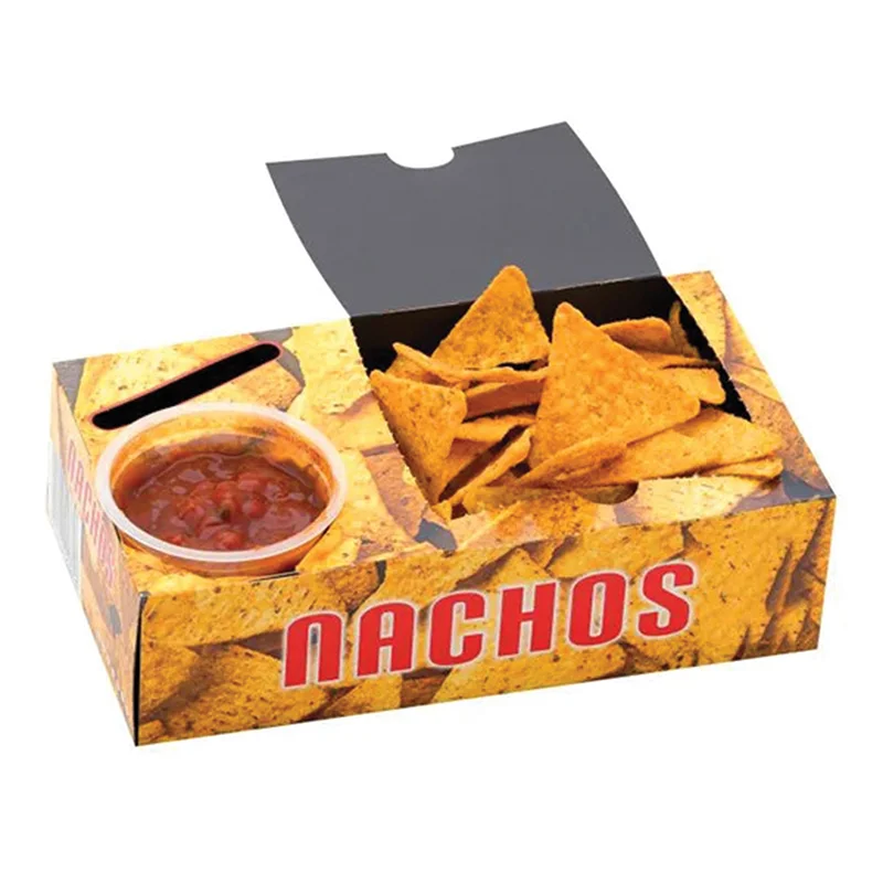 Paper Nacho Trays beside the product it was made to hold