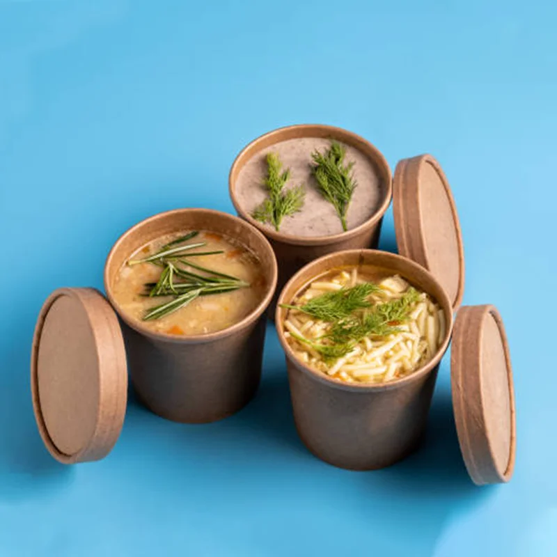 Paper Soup Cups beside the product it was made to hold