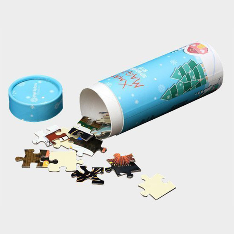 A stack of paperboard tube packaging puzzle in a custom size