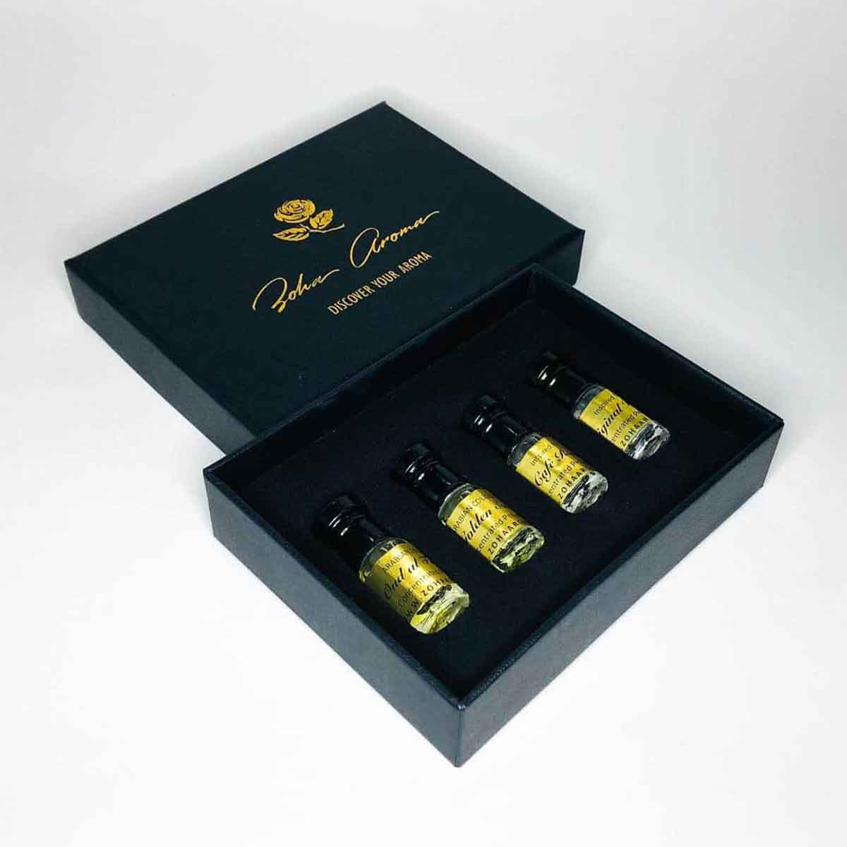 Perfume Oil Boxes photographed at an angle to show the board thickness