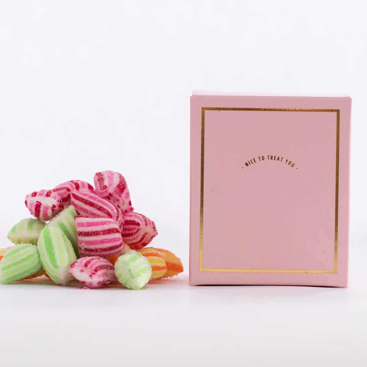 A stack of pink candy boxes in a custom size