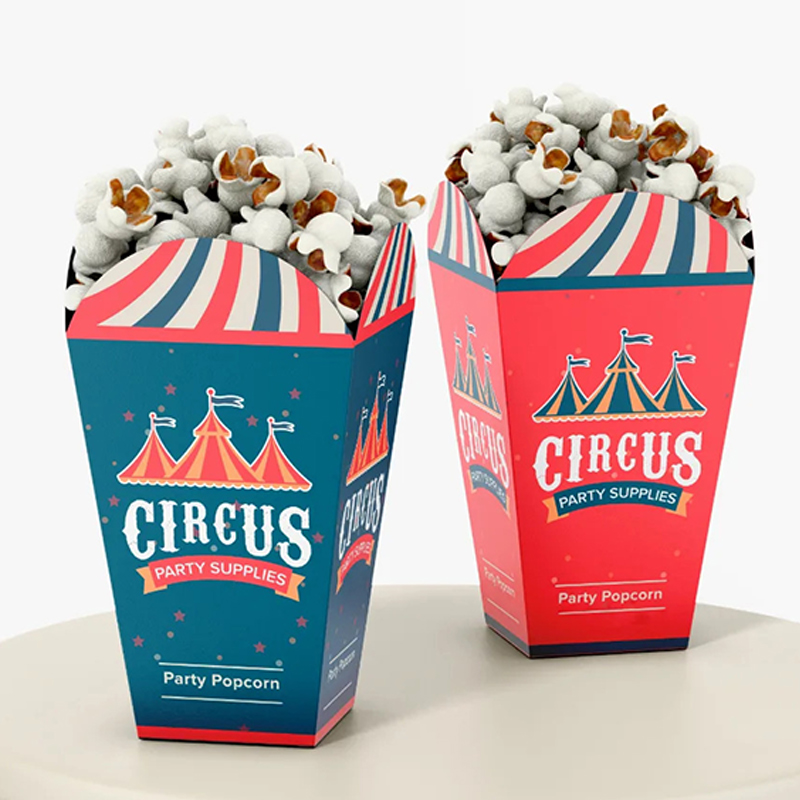 Popcorn Boxes — custom popcorn boxes by Packmio Popcorn Boxes photographed at an angle to show the board thickness