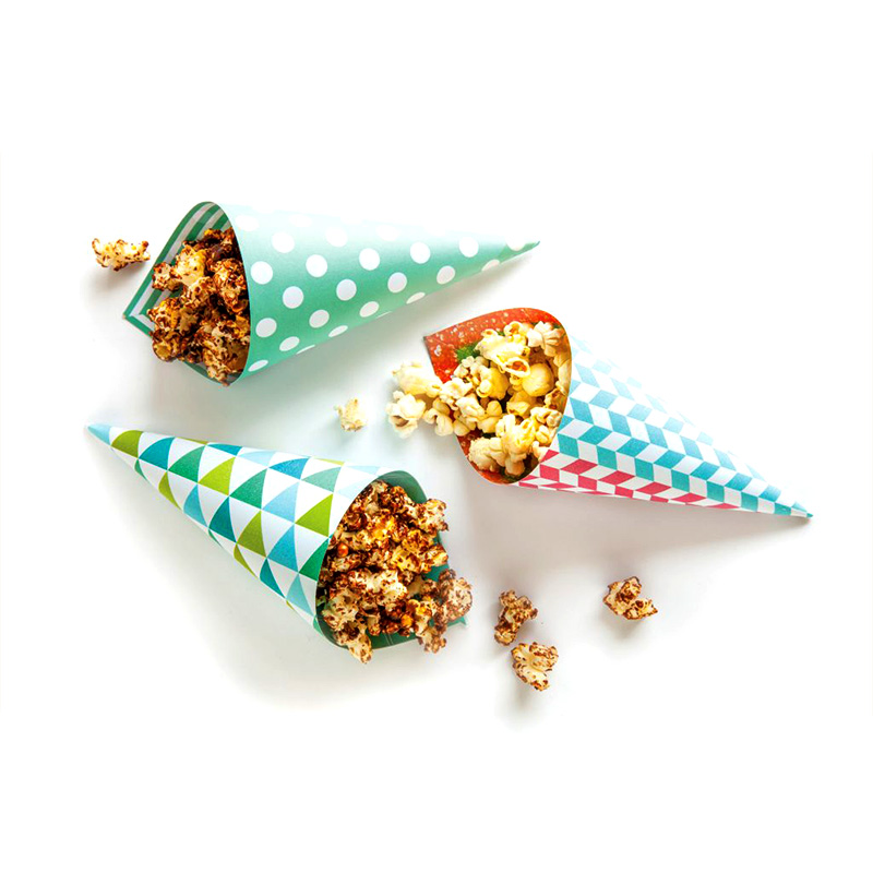 Popcorn Paper Cones opened to show the inside print and construction