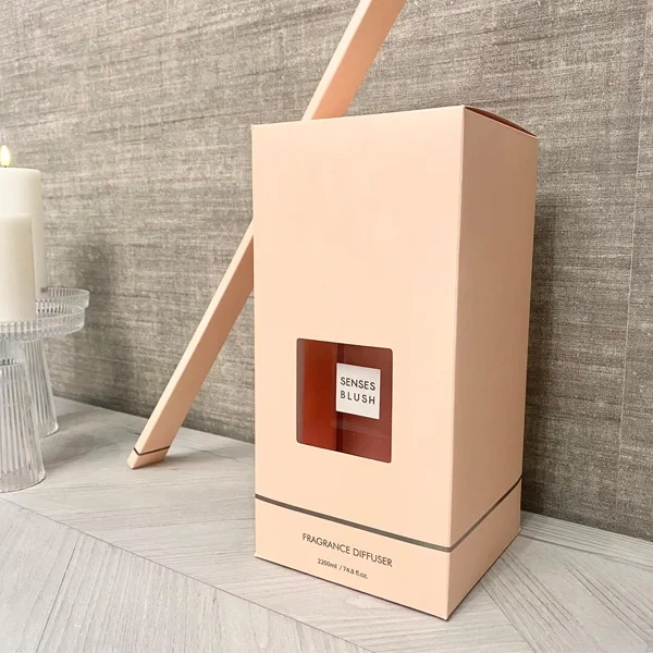 Reed Diffuser Folding Carton Boxes — custom corrugated boxes by Packmio Close detail of the print finish on reed diffuser folding carton boxes