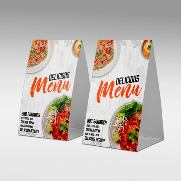 Restaurant Table Tents photographed at an angle to show the board thickness