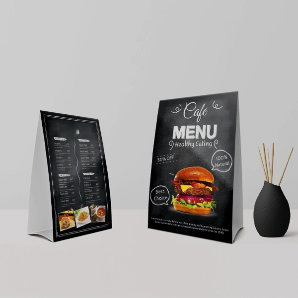 Restaurant Table Tents — custom table tents by Packmio Restaurant Table Tents in use, packed and ready to ship