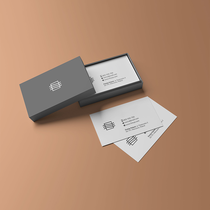 Rigid Business Card Boxes opened to show the inside print and construction