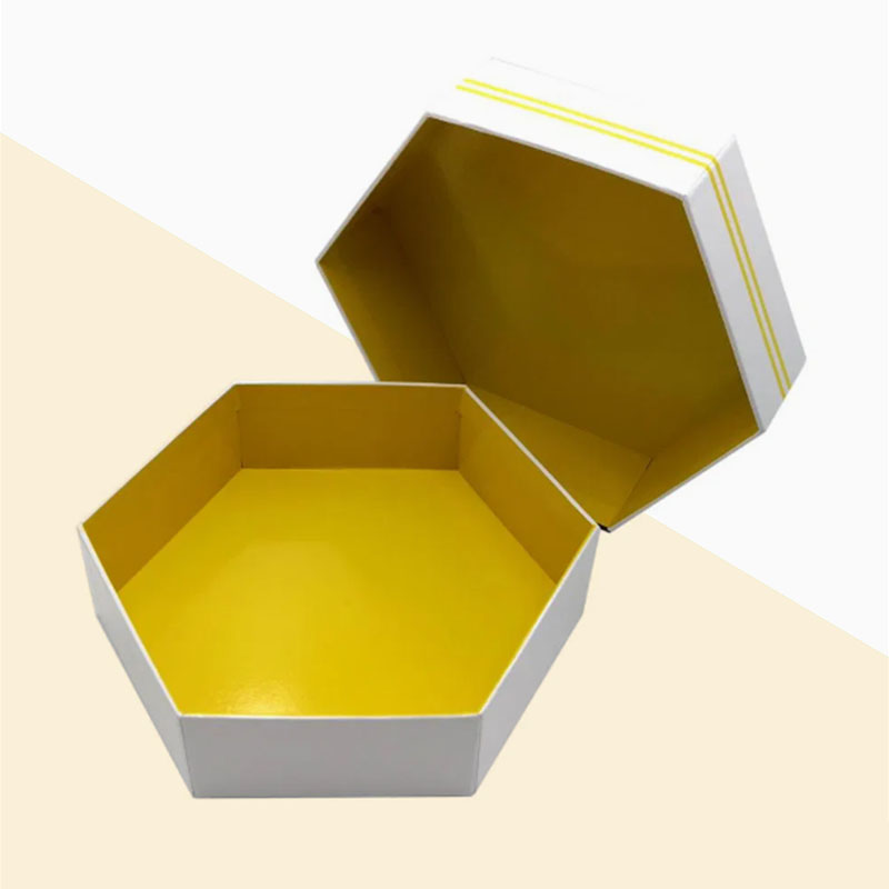 Rigid Hexagon Boxes opened to show the inside print and construction