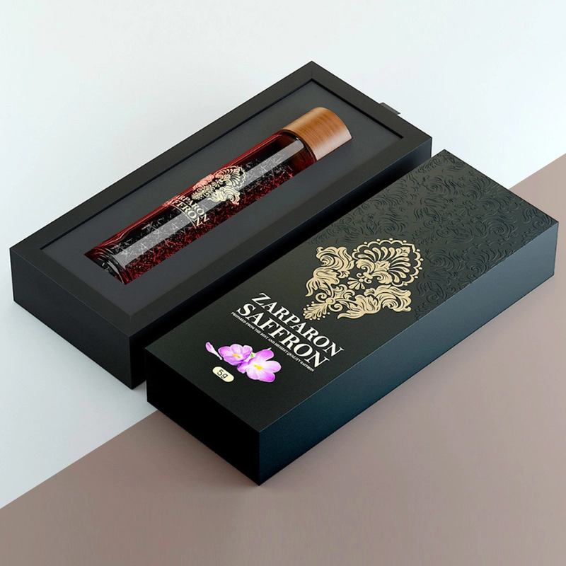 Saffron Boxes — custom essential oil boxes by Packmio Close detail of the print finish on saffron boxes