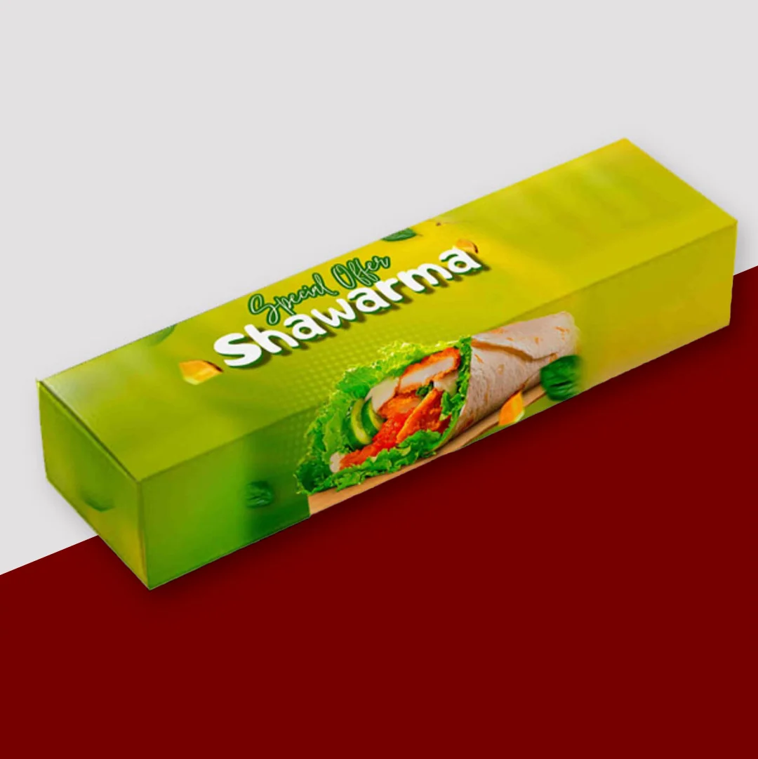 Shawarma Boxes — custom sandwich packaging by Packmio Shawarma Boxes photographed at an angle to show the board thickness